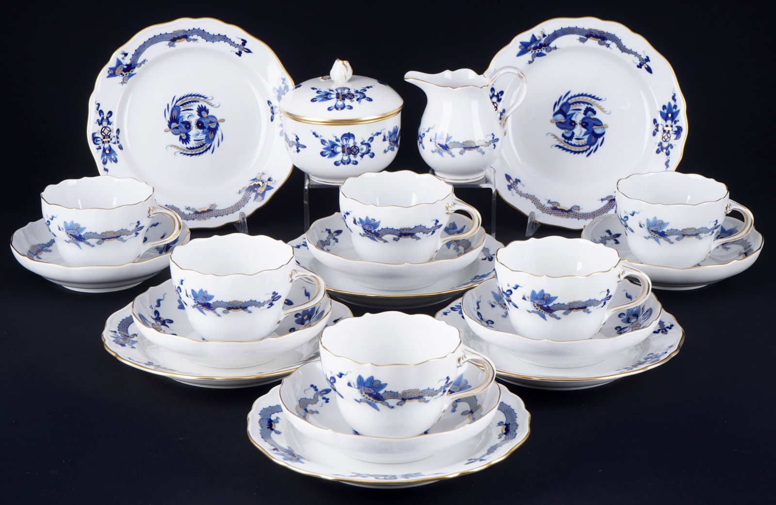 Meissen Court Dragon Rich Blue 6 coffee place settings with milk pot and sugar bowl 1st choice, (1 of 4)