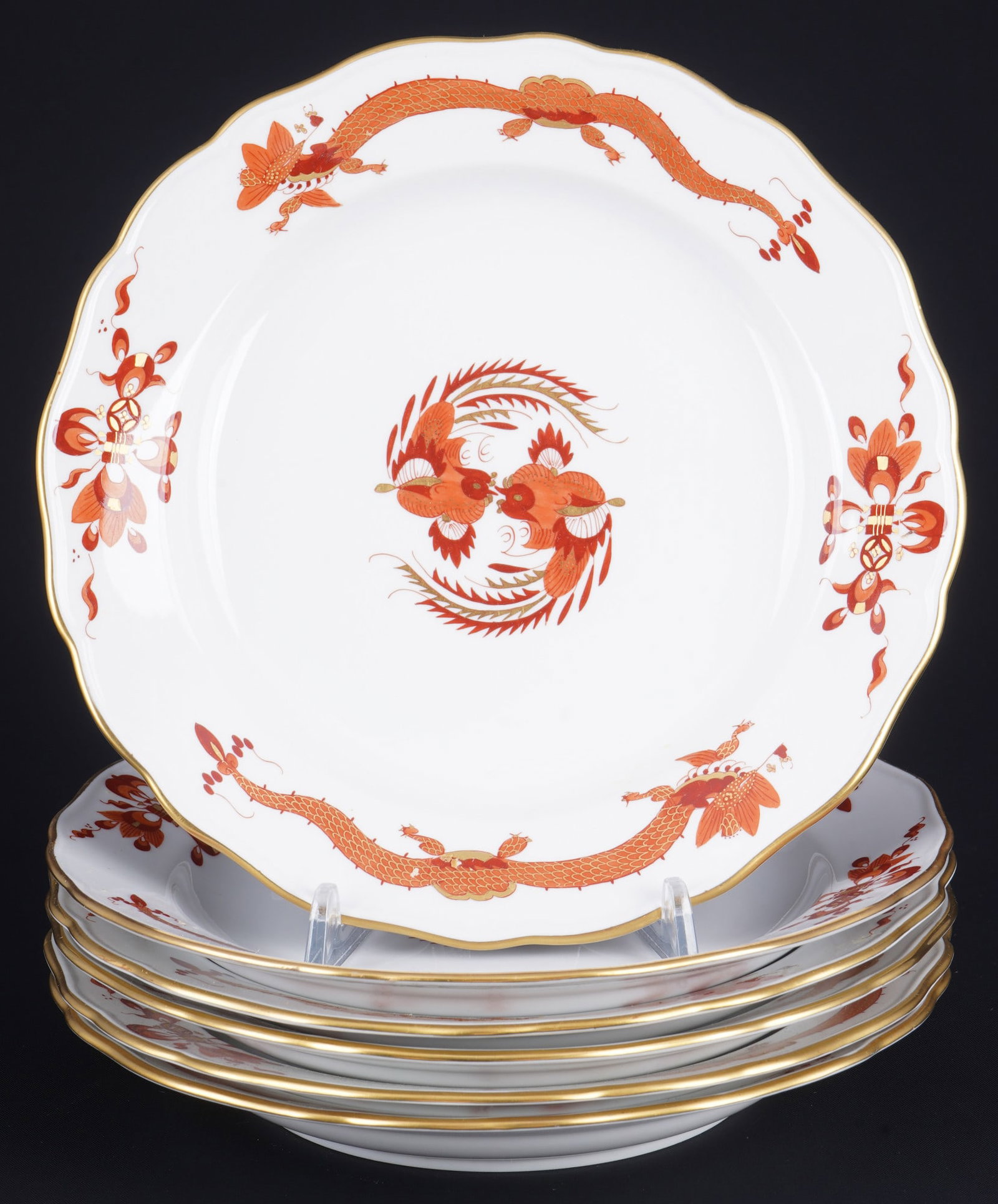 Meissen Court Dragon Rich Red 6 dessert plates 1st choice,: porcelain, blue sword mark 1st choice, decor Red Court Dragon Rich, 6x D 20.5 cm