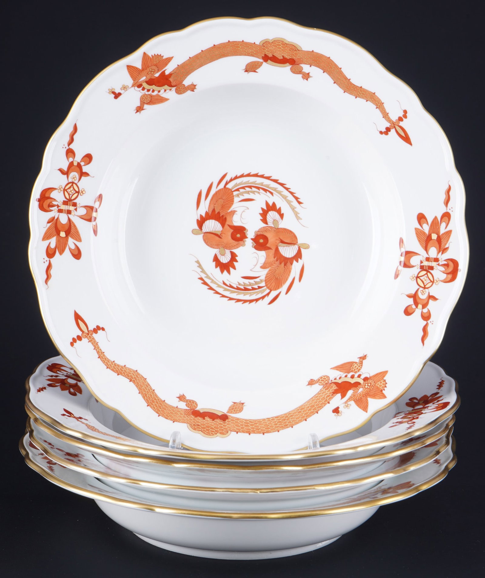 Meissen Court Dragon Rich Red 5 soup plates 1st choice, (1 of 3)