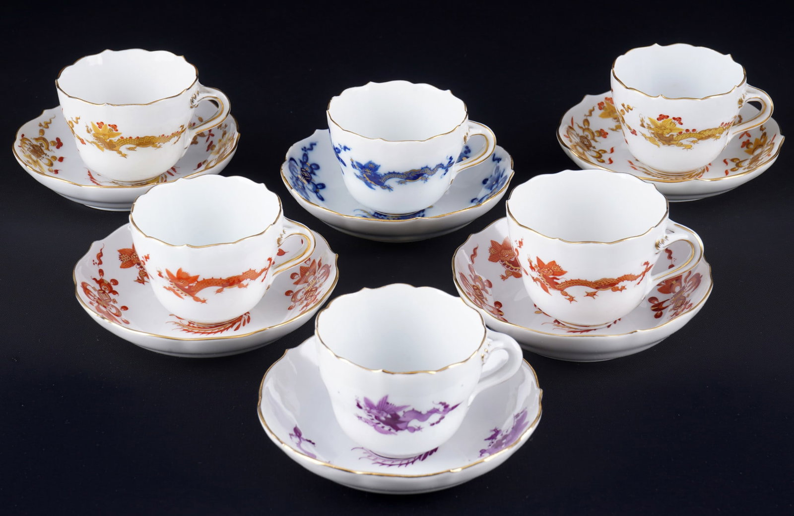 Meissen Court Dragon 6 mocha cups - various colors, (1 of 8)