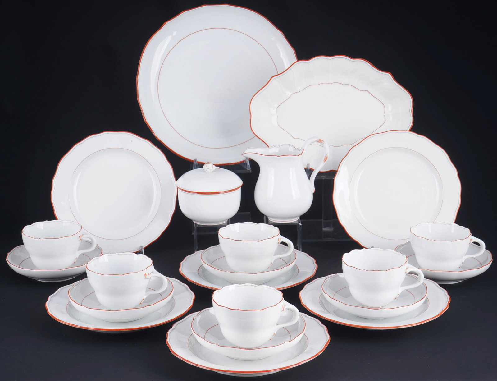 Meissen Coral coffee set for 6 persons,: 22-piece porcelain, blue swords mark with two grinding strokes 2nd choice, decor Coral, 6x coffee cups H 6.5 cm x D 8.5 cm, 6x saucers D 14 cm, 6x dessert plates D 20 cm, 1x milk jug H 13 cm x W 13.5 