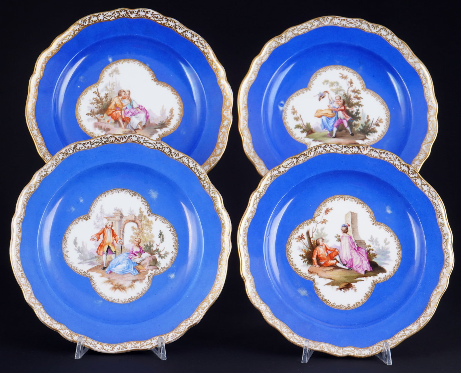 Meissen Watteau royal blue 4 splendid plates, (1 of 7)