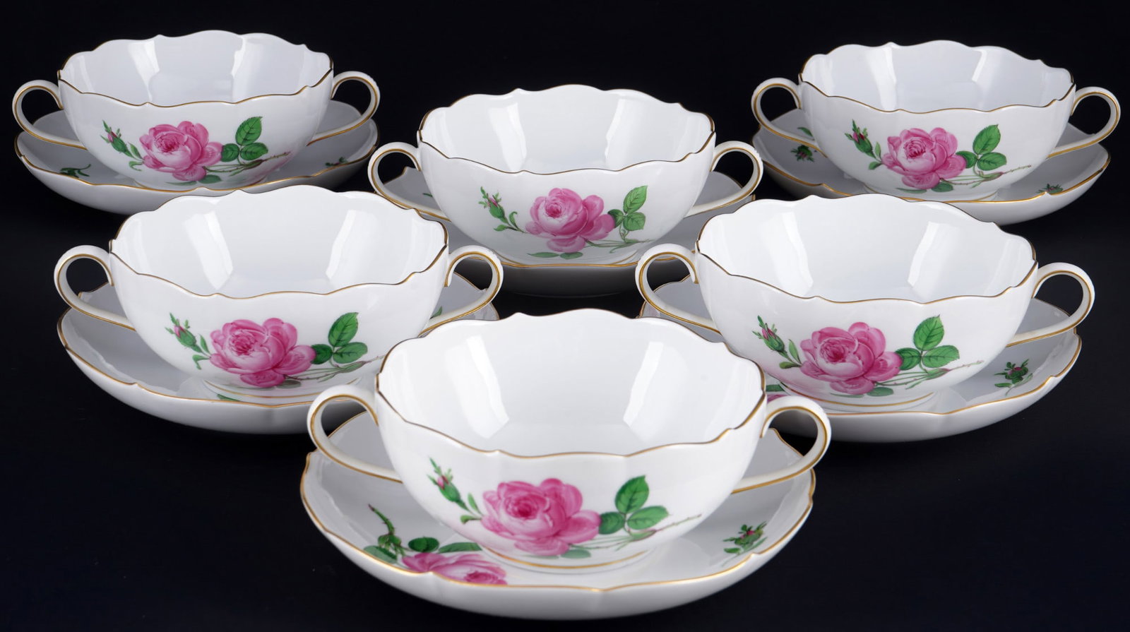 Meissen Red Rose 6 soup bowls,: porcelain, blue sword mark with two grinding strokes 2nd choice, decor Red Rose, 6x soup bowls H 5.5 cm x D 12.5 cm, 6x saucers D 16.5 cm