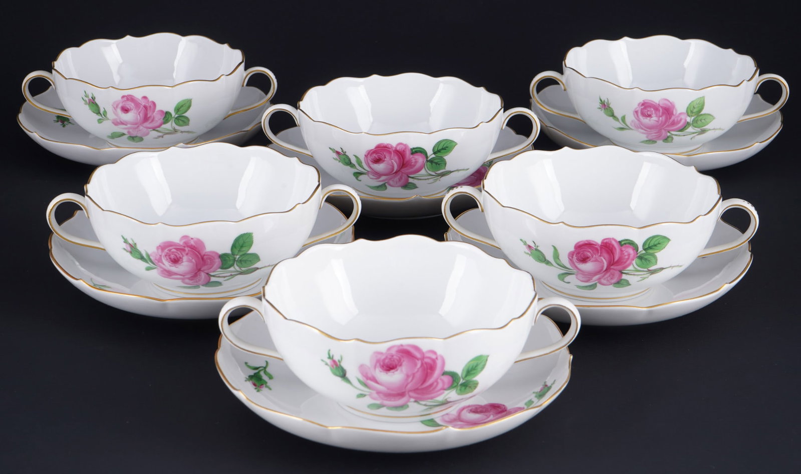 Meissen Red Rose 6 soup bowls,: porcelain, blue sword mark with two grinding strokes 2nd choice, decor Red Rose, 6x soup bowls H 5.5 cm x D 12.5 cm, 6x saucers D 16.5 cm