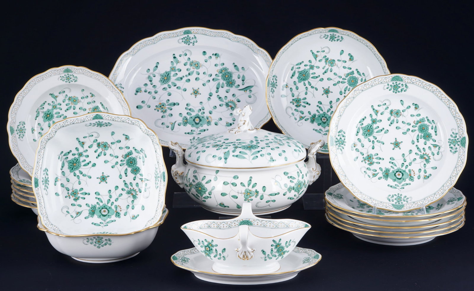 Meissen Indian Green Rich dinner service for 6 persons 1st choice, (1 of 5)