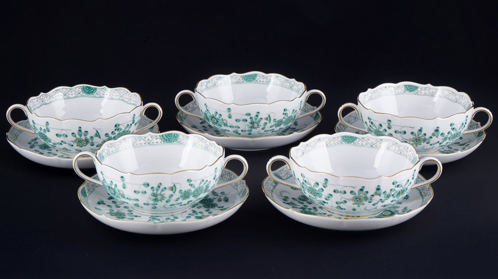 Meissen Indian Green Rich 5 soup bowls 1st choice, (1 of 3)