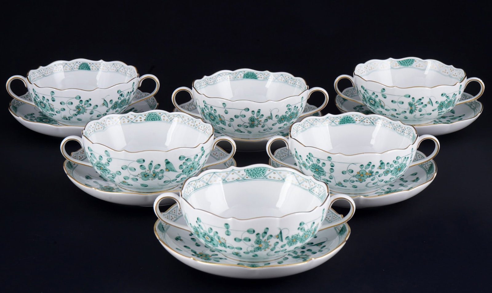 Meissen Indian Green Rich 6 soup bowls 1st choice, (1 of 3)
