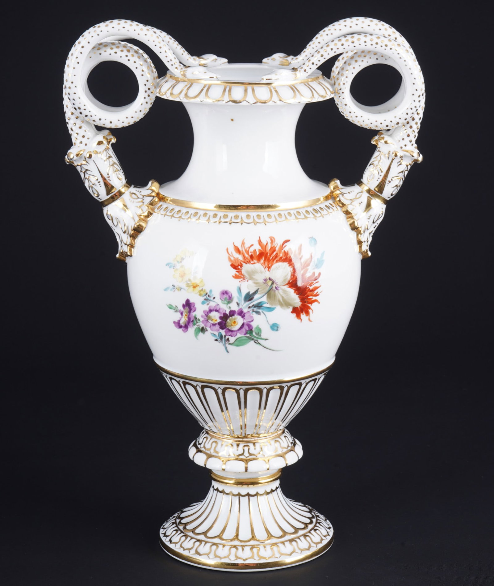 Meissen Flower Bouquet snake handle vase, (1 of 7)