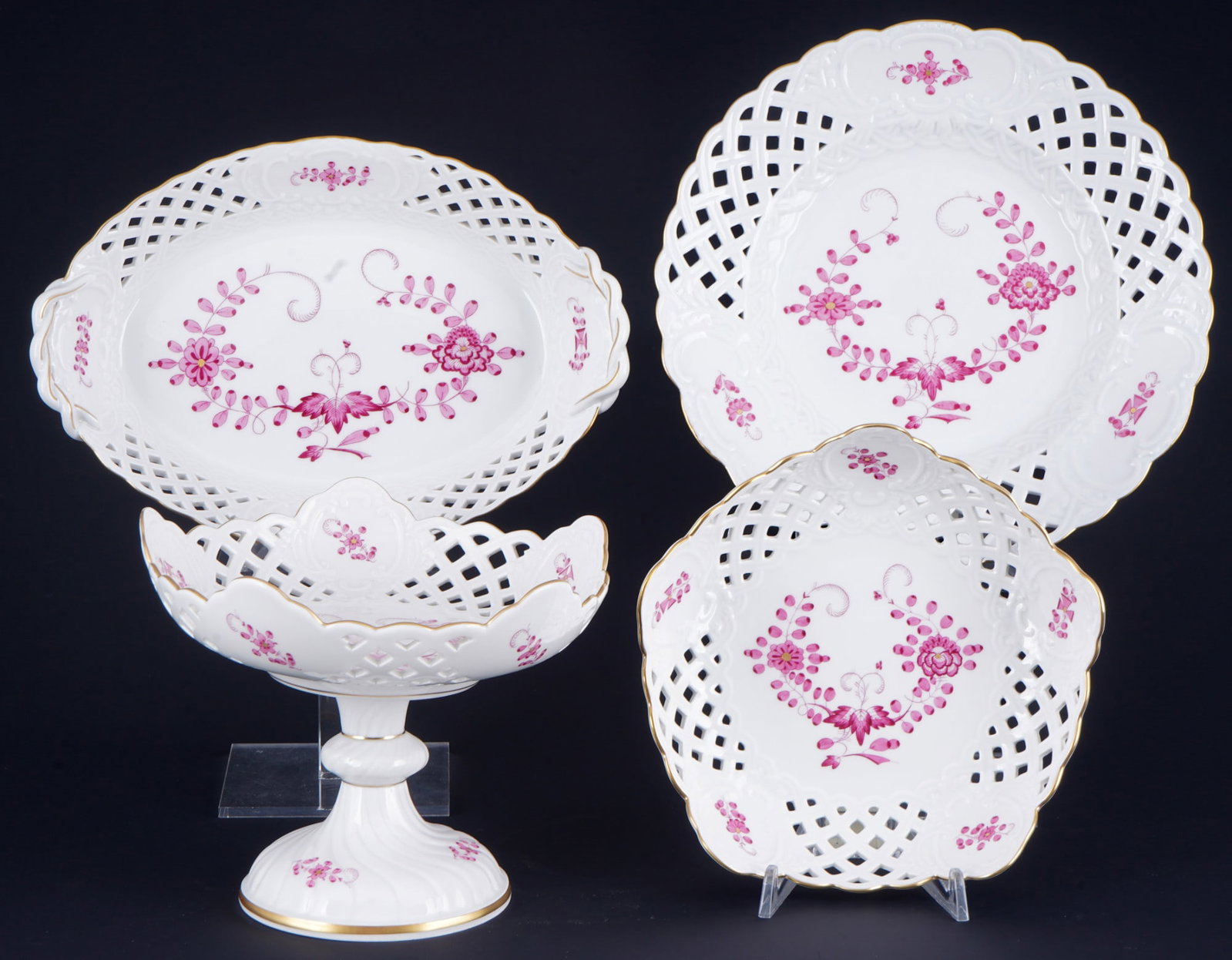Meissen Indian Purple 3 cutwork bowls with centerpiece, (1 of 6)