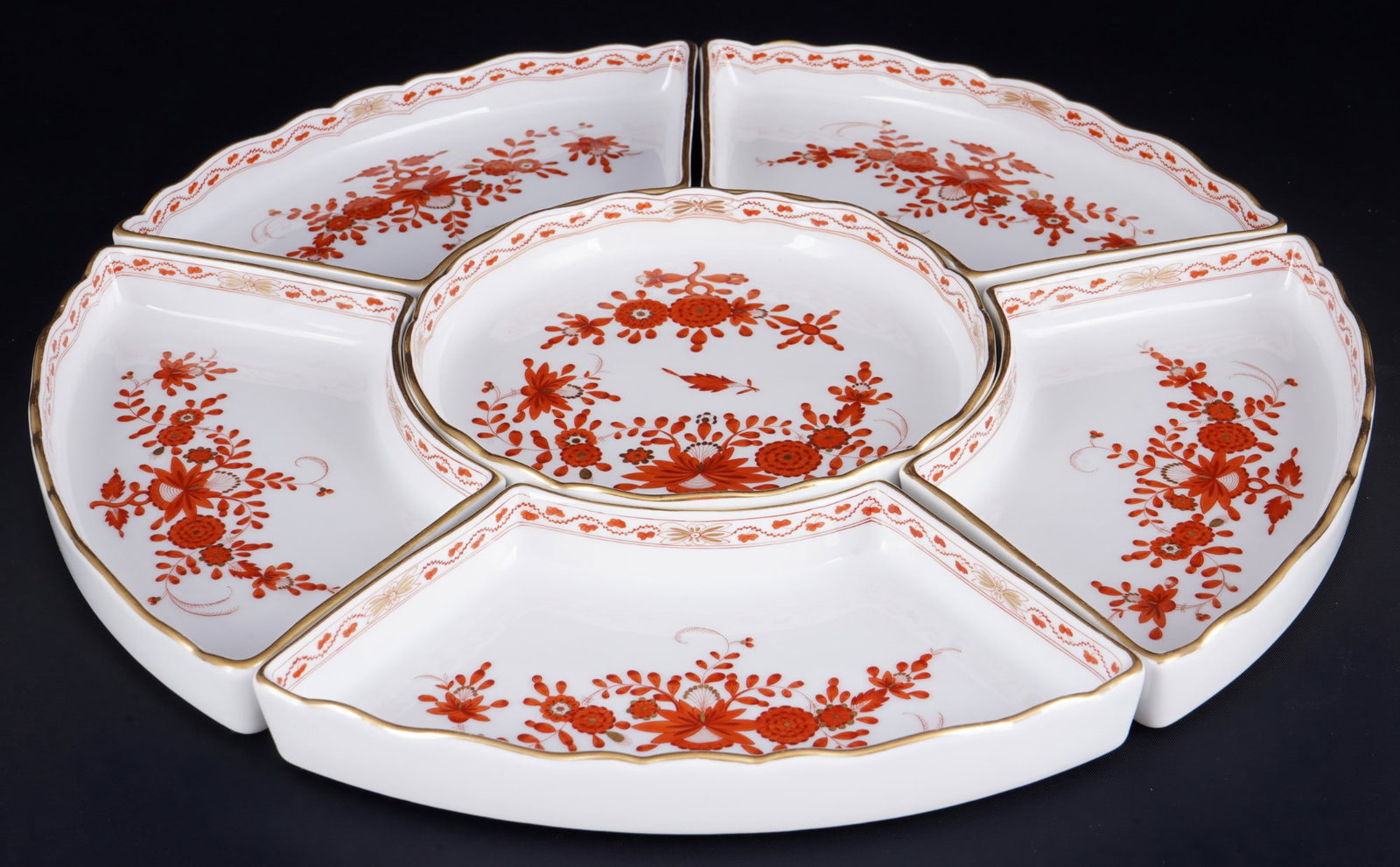 Meissen Indian Coral 6 cabaret bowls,: porcelain, blue sword mark 1st choice, decor Indian Coral Rich, decor no. 52c / 351510, 5x H 3 cm x W 23 cm x D 12 cm, 1x H 3 cm x D 17.5 cm