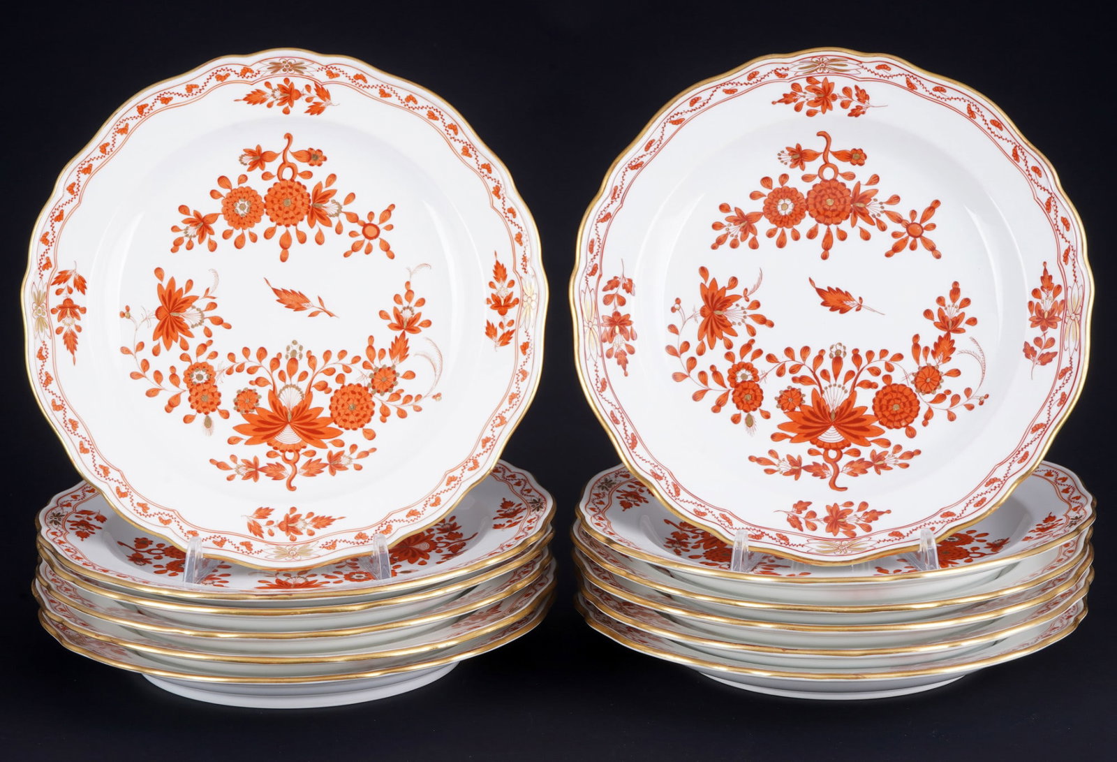 Meissen Indian Coral 12 dessert plates 1st choice,: porcelain, blue sword mark 1st choice, Pfeiffer period 1924-1934, decor Indian Coral Rich, decor no. 52c / 351510, 12x D 21.5 cm