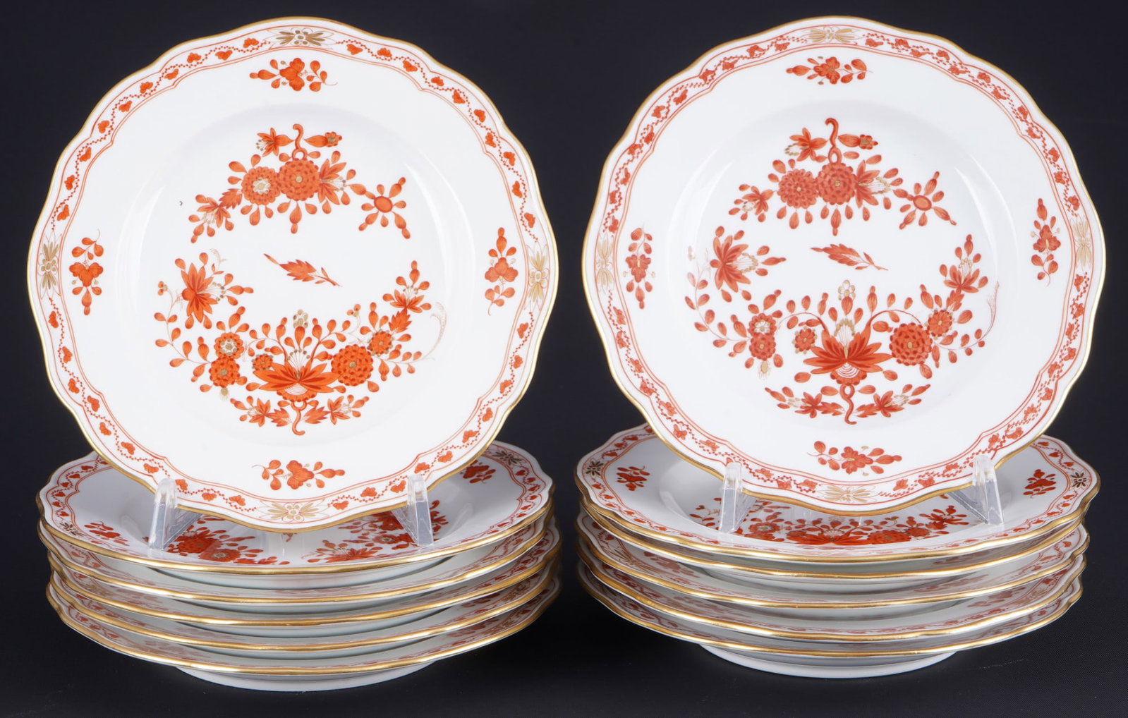 Meissen Indian Coral 12 dessert plates 1st choice,: porcelain, blue sword mark 1st choice, 4x Pfeiffer period 1924-1934, decor Indian Coral Rich, decor no. 52c / 351510, 12x D 16 cm