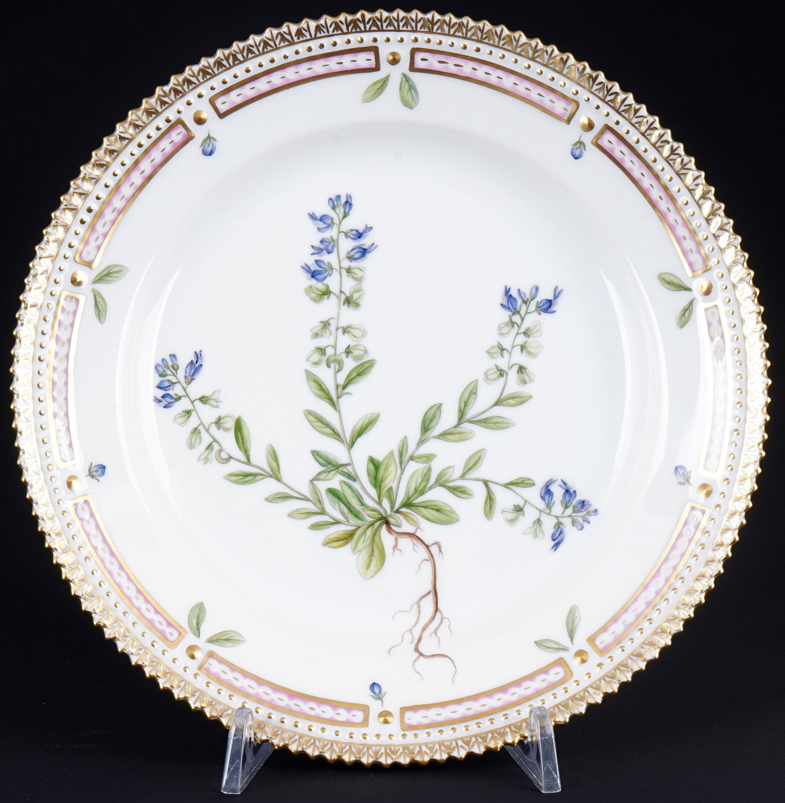 Royal Copenhagen Flora Danica dessert plate 3573,: porcelain, Denmark, with green company mark and blue waves, decor Flora Danica - floral and relief decoration with gold rim, motif Polygala amarum L., model no. 3573, manufactured 1979-1983, D 19 cm