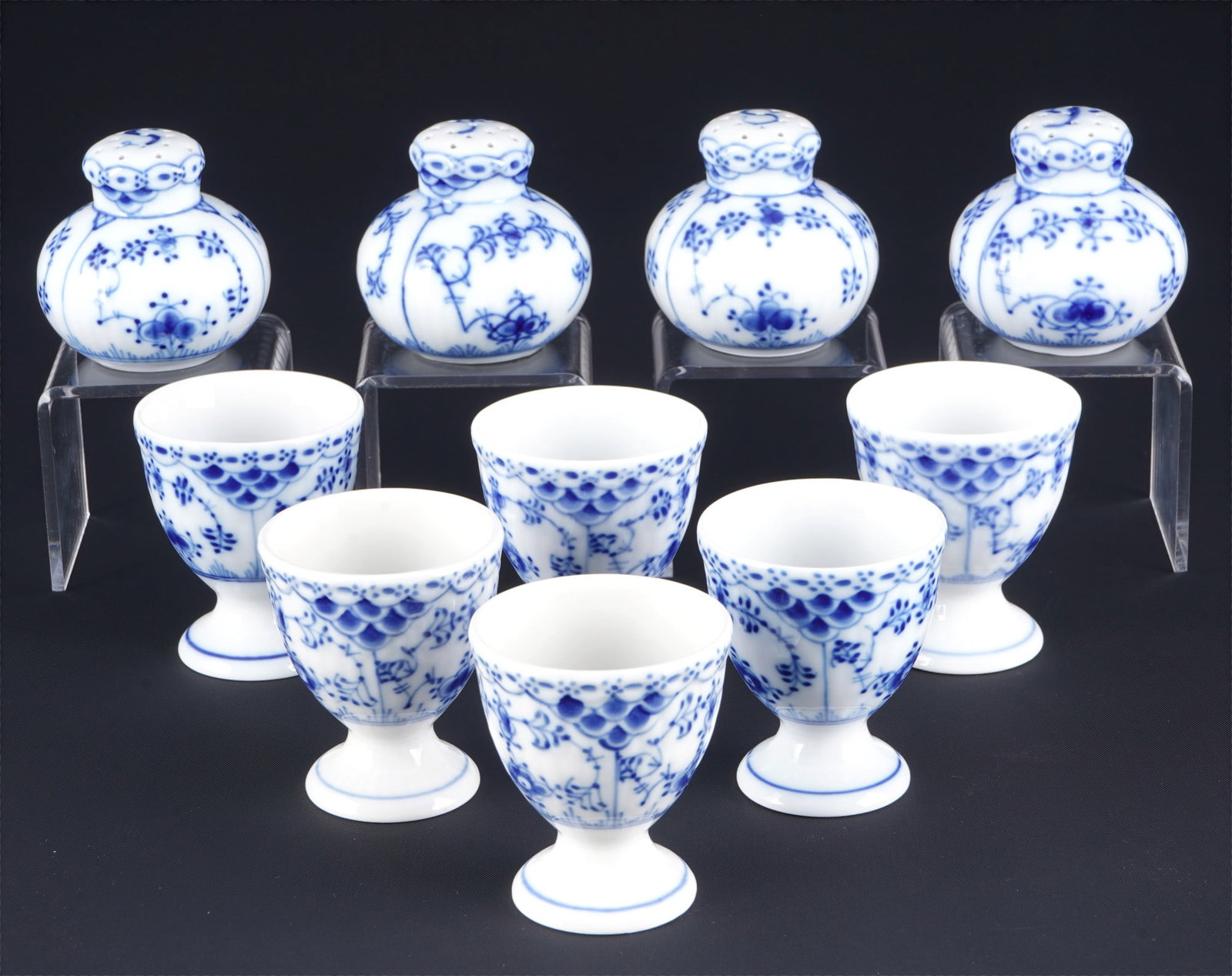 Royal Copenhagen Musselmalet 6 egg cups with salt and pepper shakers, (1 of 4)