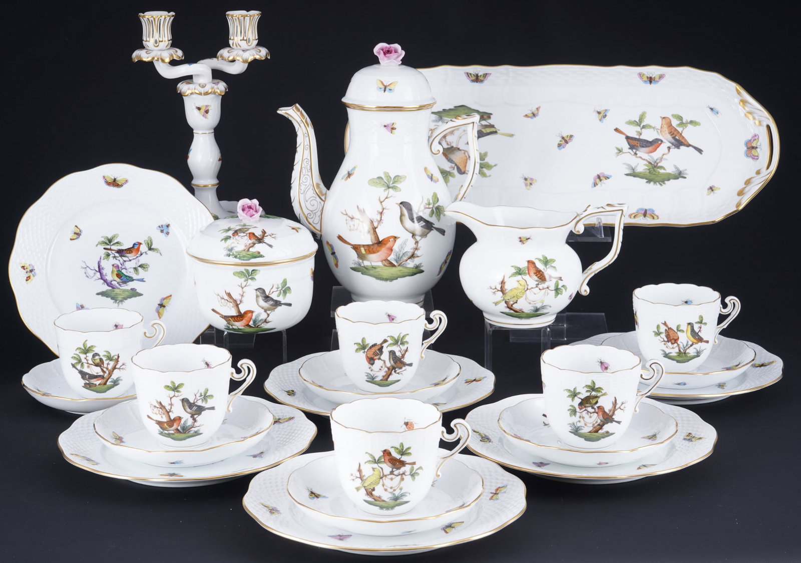 Herend Rothschild coffee service for 6 persons,: 23-piece porcelain, Hungary 20th century, blue company mark, decor RO Rothschild (6x dessert plates ROM Rothschild Mayer), 1x coffee pot #611 H 25.5 cm x D 13.5 cm, 1x milk jug #641 H 11.5 cm x D 11.5