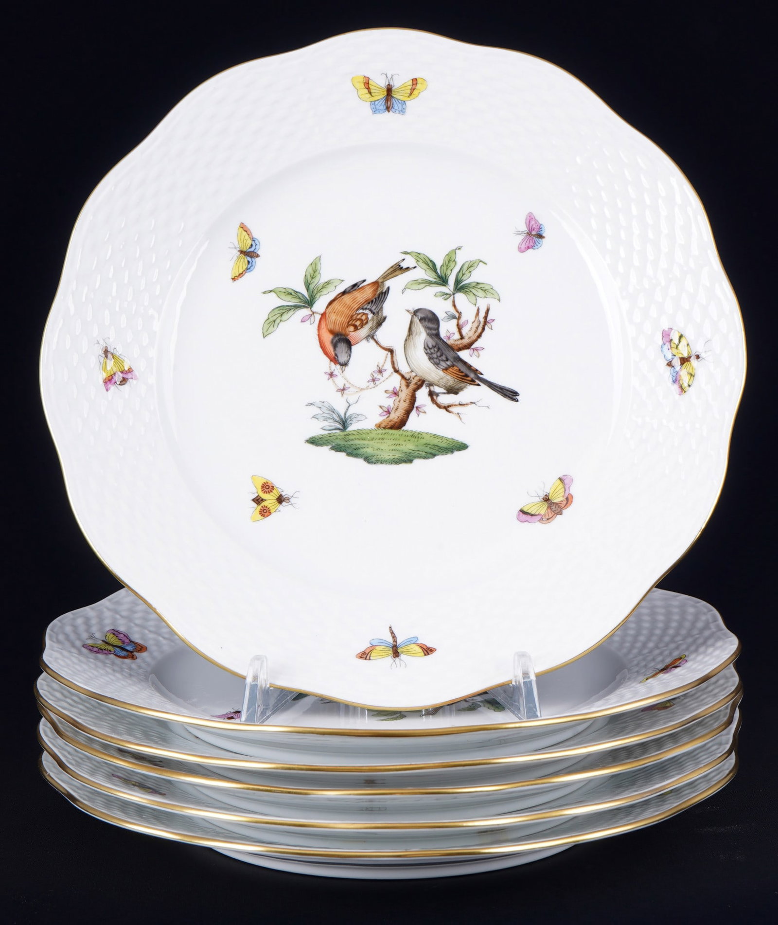 Herend Rothschild 6 dessert plates,: porcelain, Hungary 20th century, blue company mark, decor RO Rothschild, model no. 519, 6x D 20.5 cm, one plate light scratches, one plate with burning defect on the rim