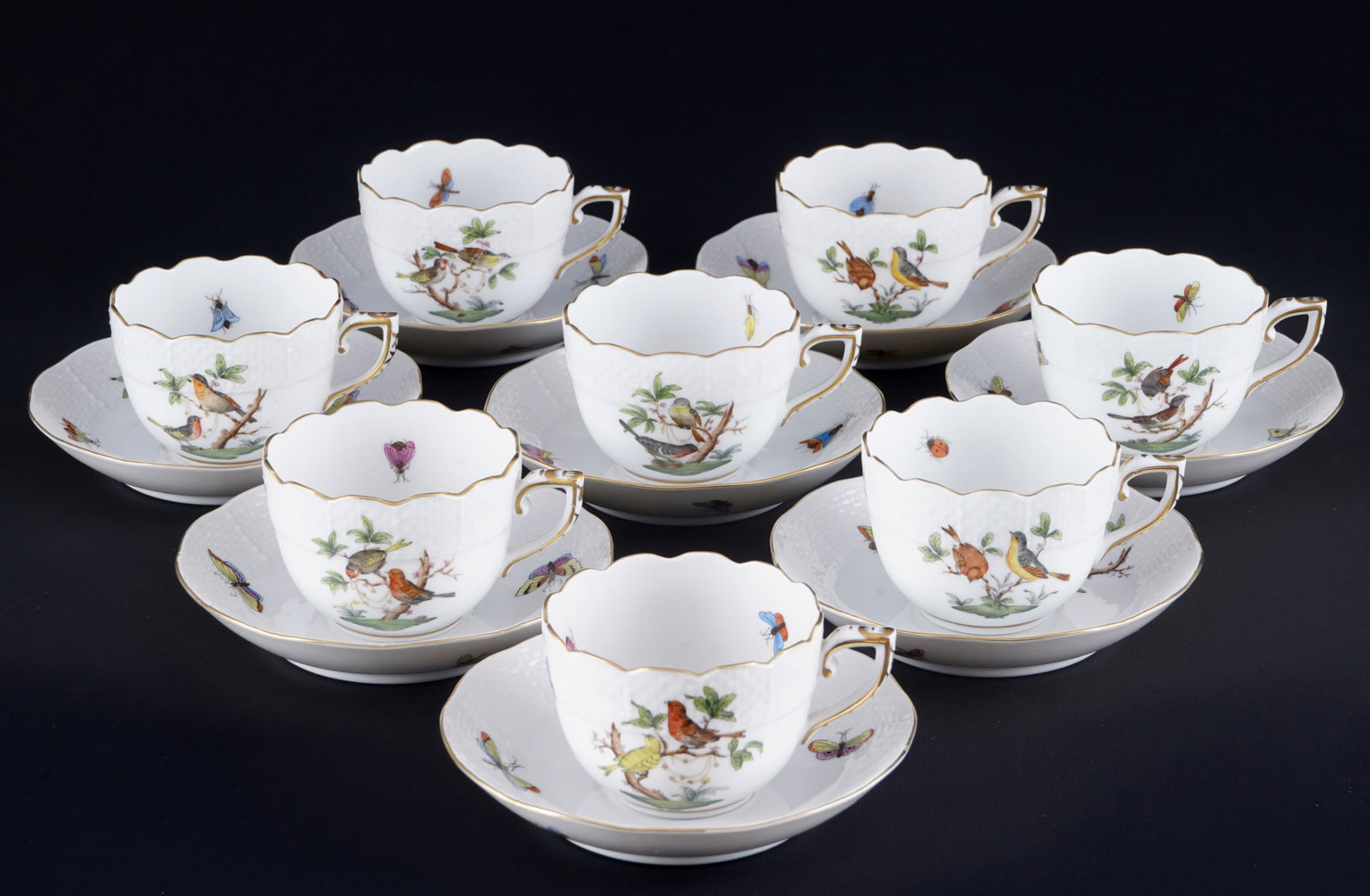 Herend Rothschild 8 mocha cups,: porcelain, Hungary 20th century, blue company mark, decor RO Rothschild, model no. 711, 8x mocha cups #5H 5 cm x D 6.5 cm, 8x saucers D 11.5 cm