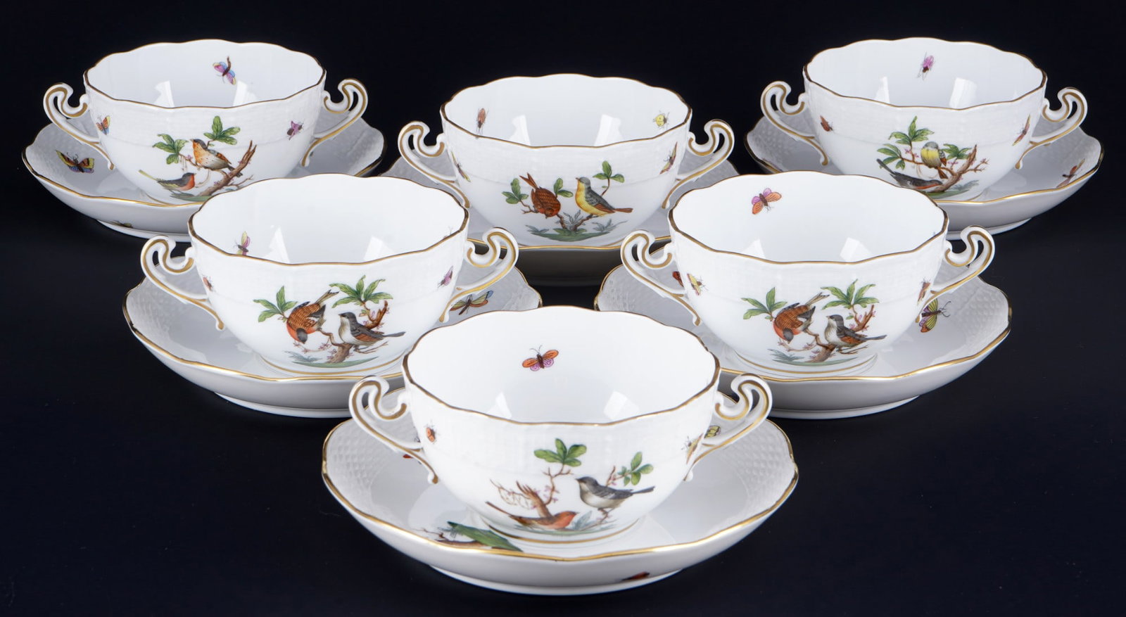 Herend Rothschild 6 soup bowls,: porcelain, Hungary 20th century, blue company mark, decor RO Rothschild, model no. 718, 6x soup bowls H 5.5 cm x D 10.5 cm, 6x saucers D 16.5 cm
