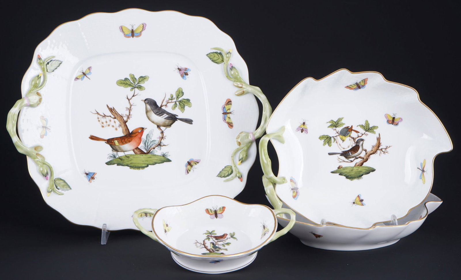 Herend Rothschild handled plate and 3 bowls with branch handles, (1 of 5)