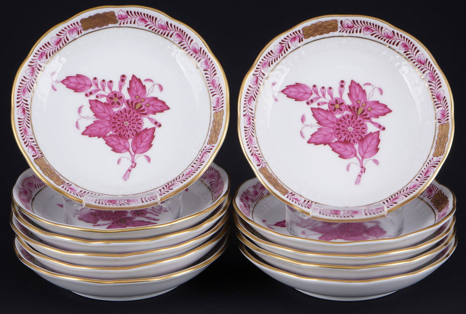 Herend Apponyi Purple 11 confectionery bowls,: porcelain, Hungary 20th century, blue company mark, decor AP Apponyi Purple, model no. 337, 11x D 9.5 cm