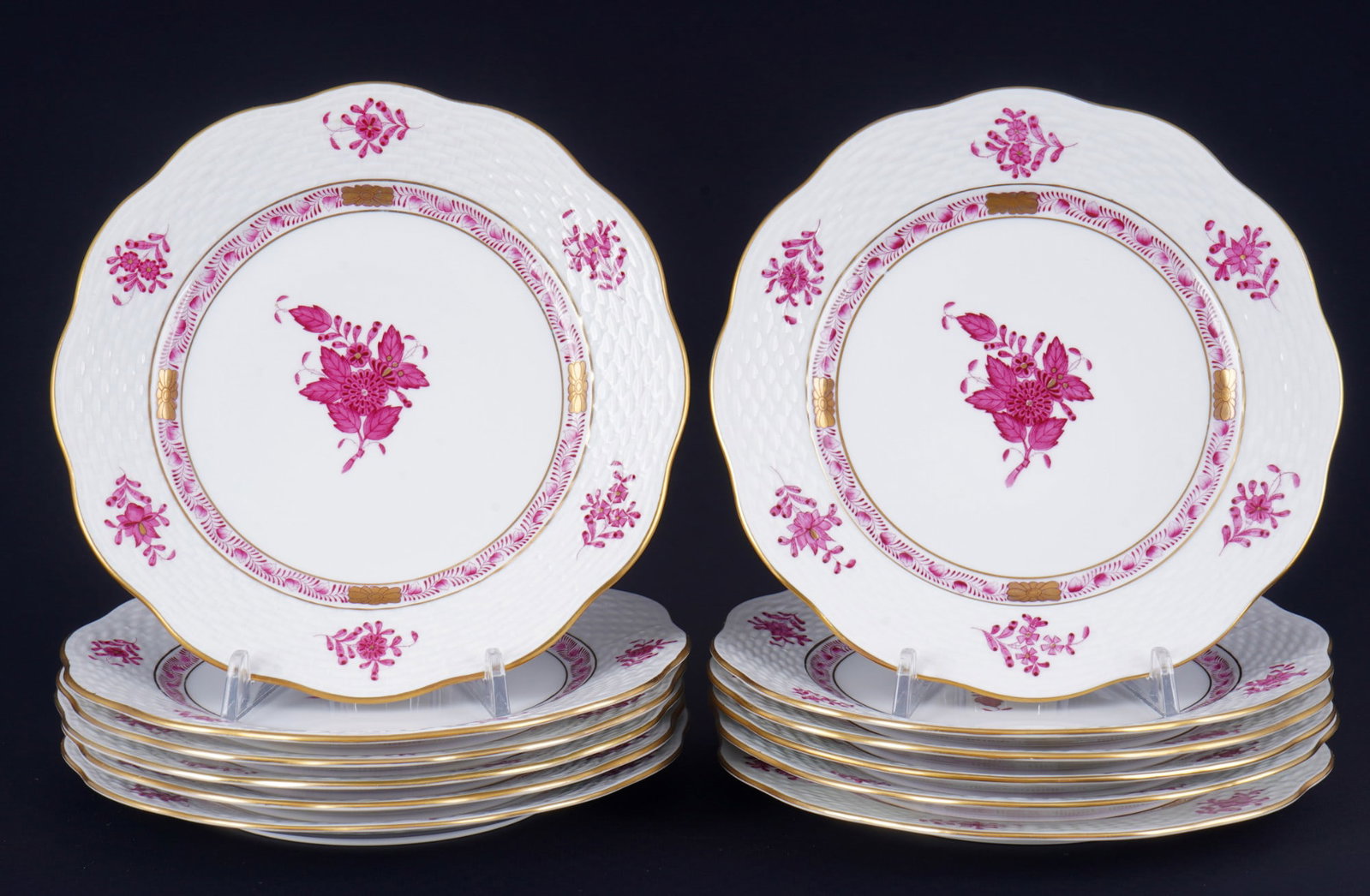 Herend Apponyi Purple 12 dessert plates,: porcelain, Hungary 20th century, blue company mark, decor AP Apponyi Purple, model no. 517, 12x D 19 cm