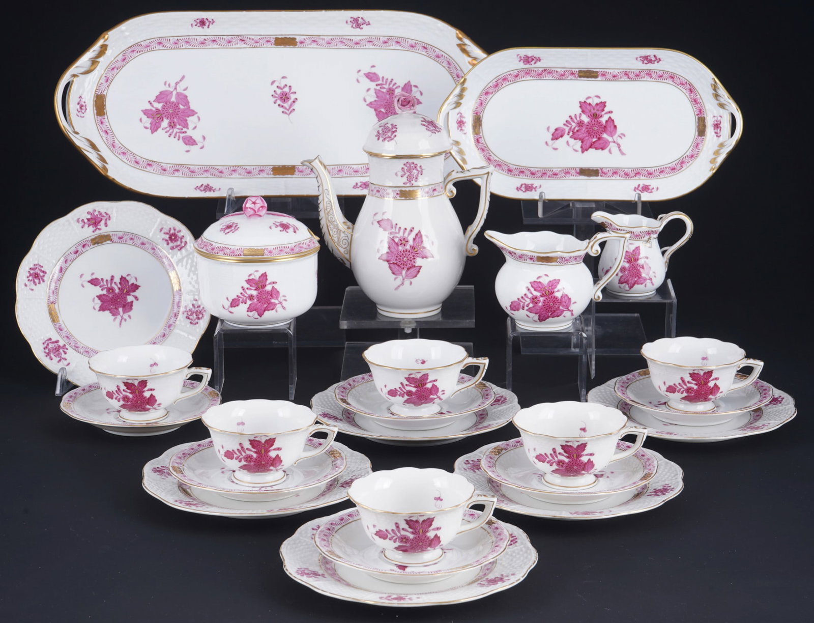 Herend Apponyi Purple mocha service for 6 persons,: 24-piece porcelain, Hungary 20th century, blue company mark (place settings around 1944), decor AP Apponyi Purple, 1x mocha pot #613 H 12.5 cm x D 8.5 cm, 1x lidded box #373 H 9.5 cm x D 9 cm, 1x milk