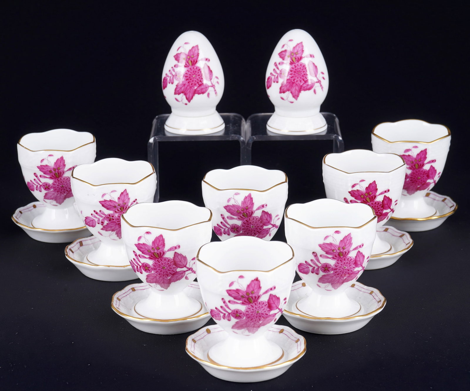 Herend Apponyi Purple 8 egg cups with salt and pepper shaker, (1 of 4)