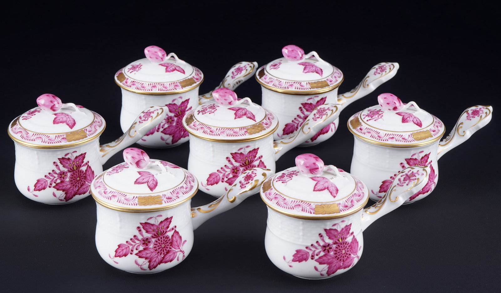 Herend Apponyi Purple 7 lidded chocolate cups,: porcelain, Hungary 20th century, blue company mark, decor AP Apponyi Purple, model no. 749, 7x H 7.5 cm x W 12 cm x D 6.5 cm
