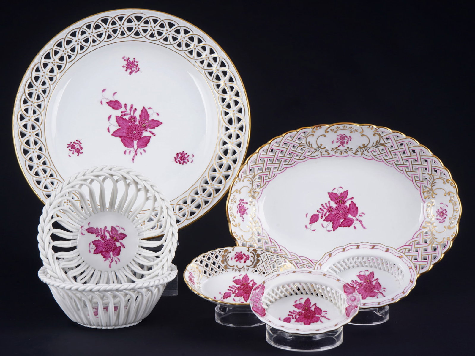 Herend Apponyi Purple 7 cutwork bowls with splendid plate, (1 of 8)