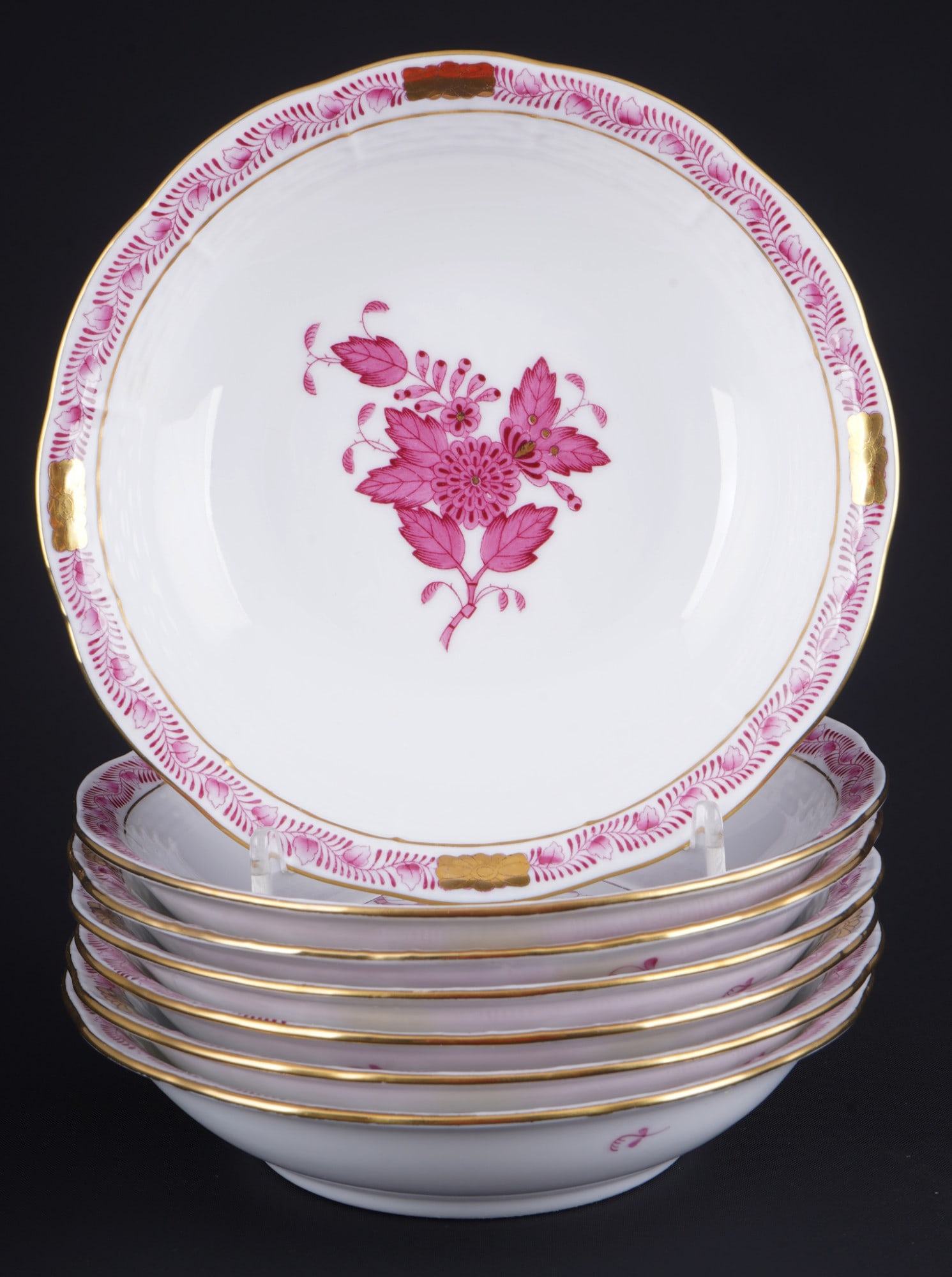 Herend Apponyi Purple 7 dessert bowls,: porcelain, Hungary 20th century, blue company mark, decor AP Apponyi Purple, model no. 329, 7x H 3 cm x D 14.5 cm