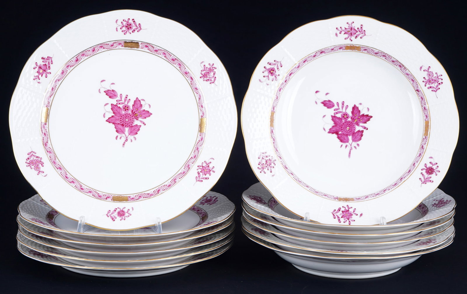 Herend Apponyi Purple 6 dinner plates and 6 soup plates,: porcelain, Hungary 20th century, blue company mark 1944, decor AP Apponyi Purple, 6x dinner plates #524 D 25.5 cm, 6x soup plates #503 D 24 cm, one plate cracked