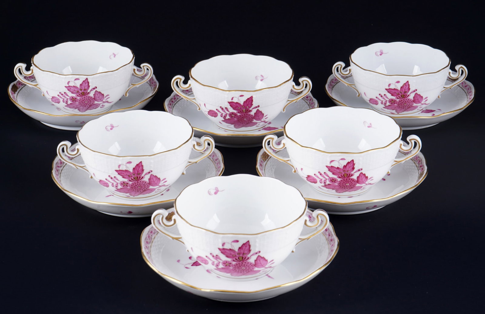 Herend Apponyi Purple 6 soup bowls,: 12-piece porcelain, Hungary 20th century, blue company mark, decor AP Apponyi Purple, 6x soup bowls #718 H 6 cm x W 15 cm x D 11 cm, 6x saucers #718 D 16.5 cm