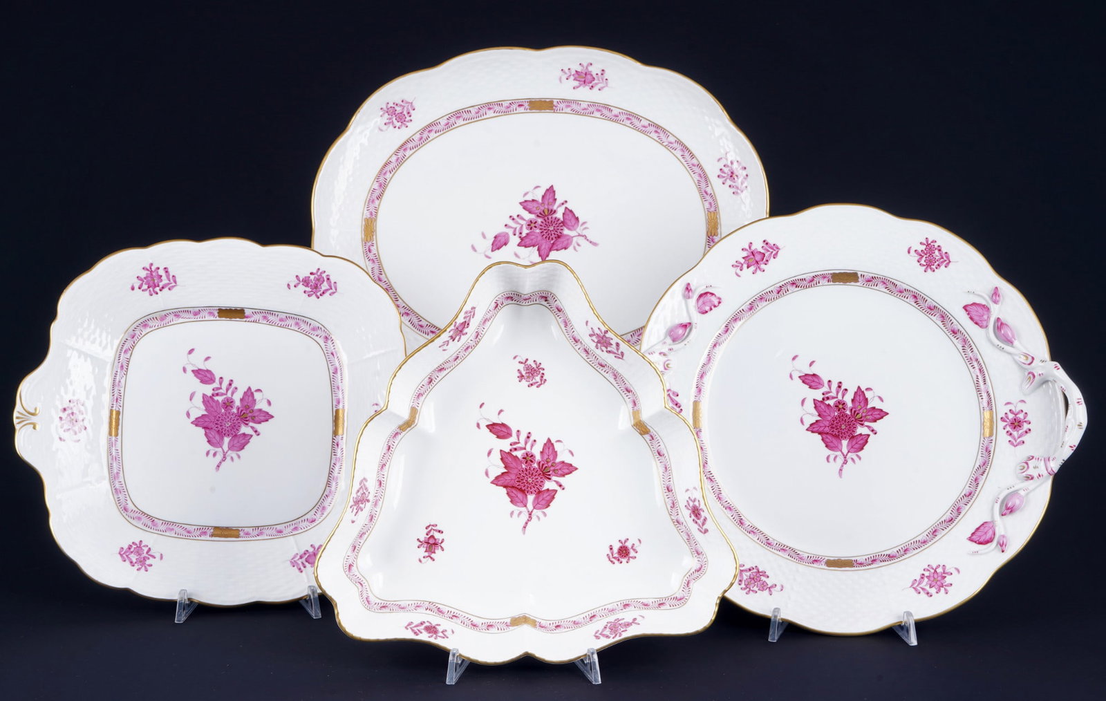 Herend Apponyi Purple 3 platters with bowl,: porcelain, Hungary 20th century, blue company mark, decor AP Apponyi Purple, 1x bowl #181 H 5 cm x W 26 cm, 1x plate #431 W 27.5 cm x D 24.5 cm, 1x handled plate #174 W 30.5 cm x 28.5 cm, 1x tray #417