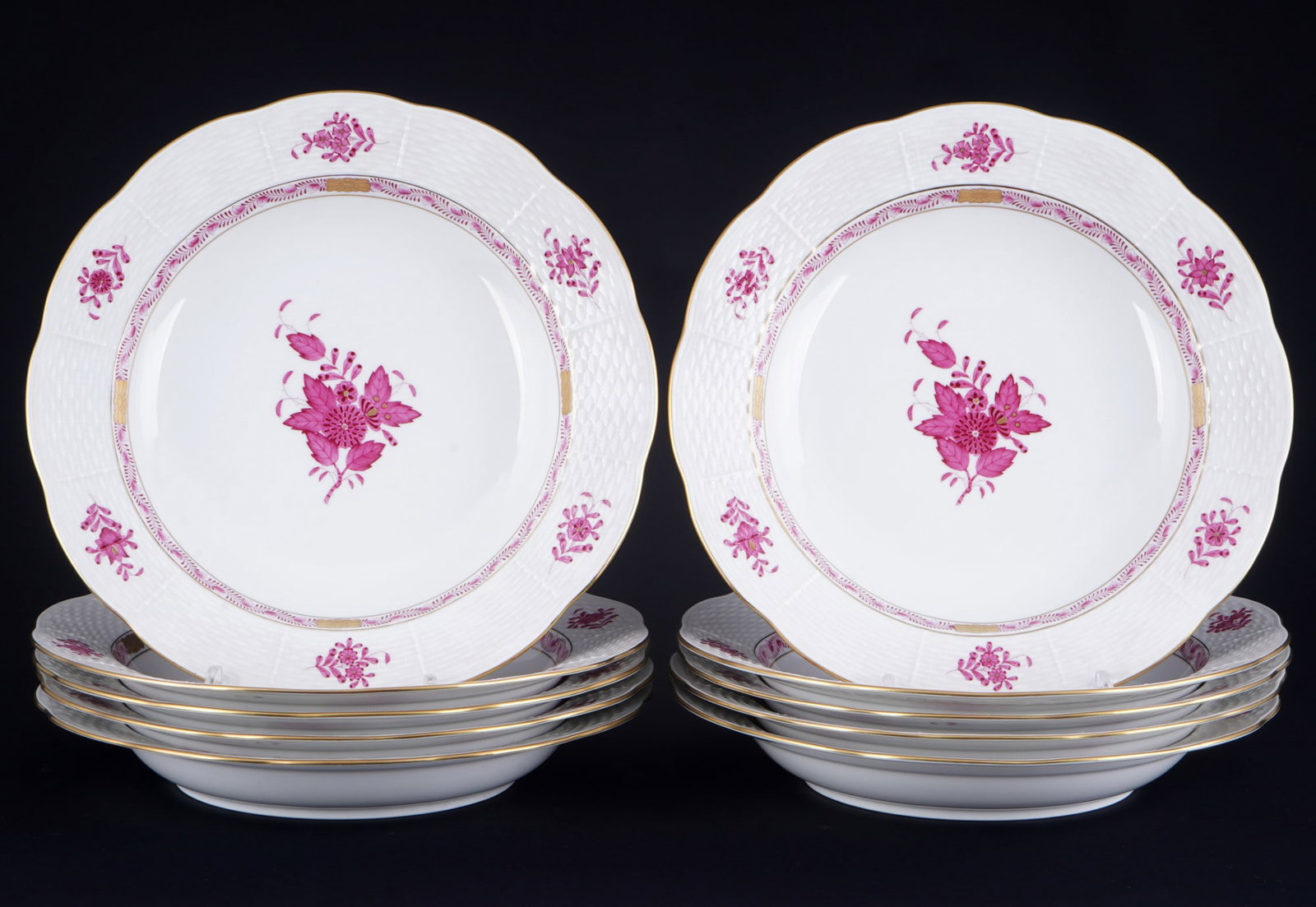 Herend Apponyi Purple 10 soup plates,: porcelain, Hungary 20th century, blue company mark, decor AP Apponyi Purple, model no. 503, 10 x D 24.5 cm
