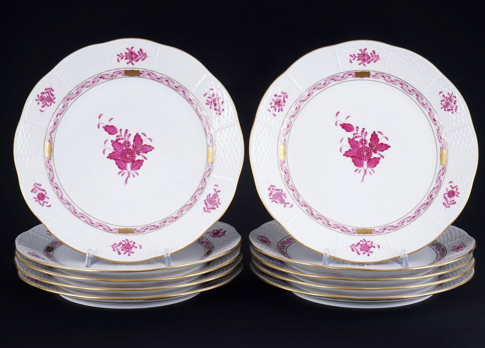 Herend Apponyi Purple 10 dinner plates,: porcelain, Hungary 20th century, blue company mark, decor AP Apponyi Purple, model no. 524, 10 x D 25.5 cm