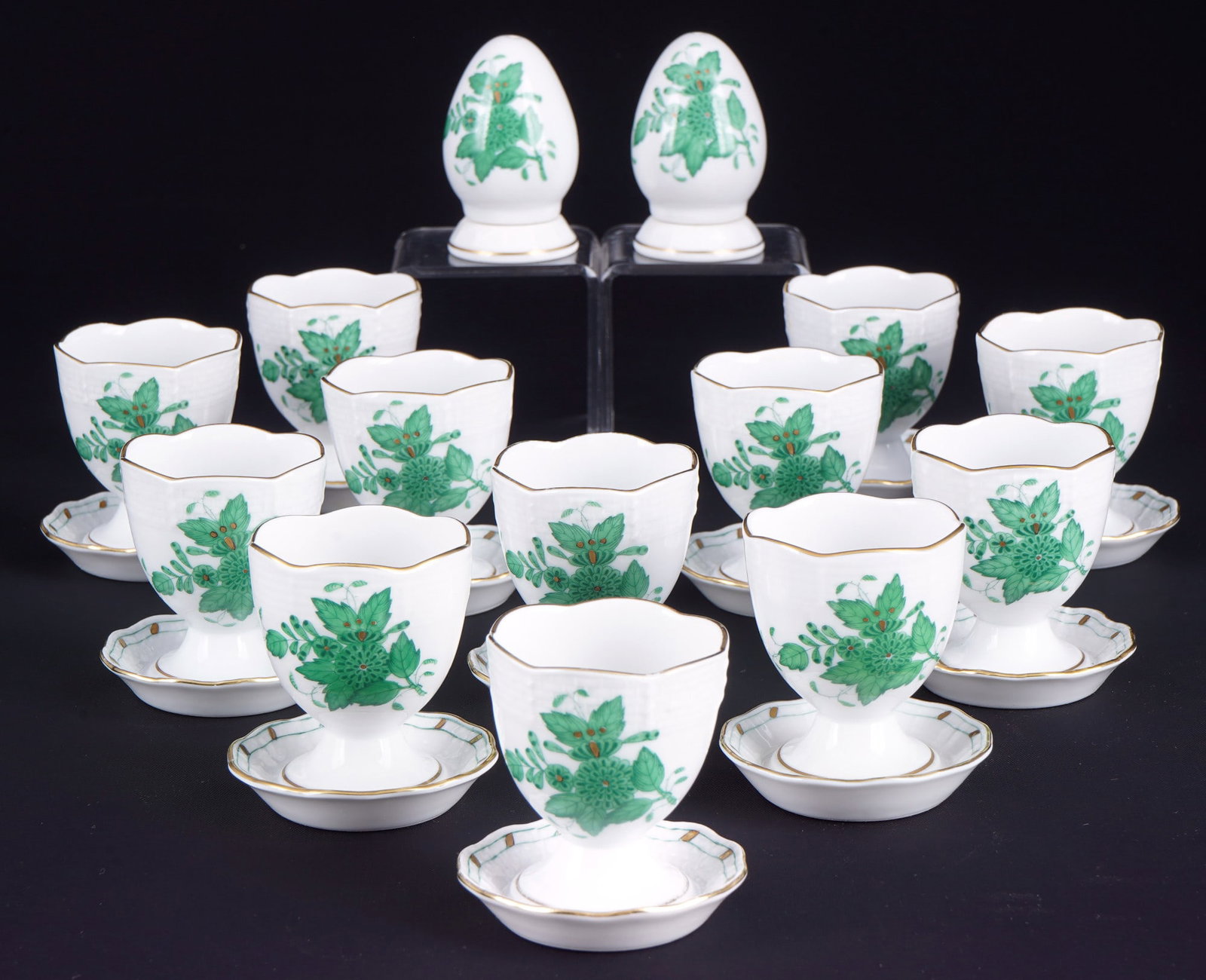 Herend Apponyi Vert 12 egg cups with salt and pepper shakers, (1 of 4)