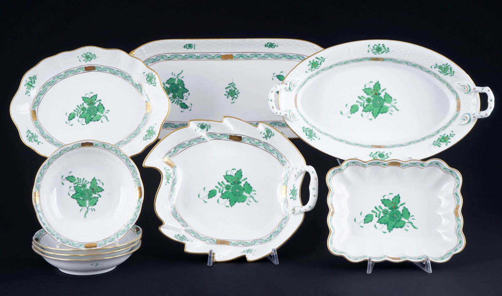 Herend Apponyi Vert 8 bowls with platter,: porcelain, Hungary 20th century, blue company mark, decor AV Apponyi Vert, 4x dessert bowls #329 H 3 cm x D 14 cm, 1x square bowl #7738 H 4 cm x W 18 cm, 1x oval bowl #212 H 3 cm x W 22 cm, 1x