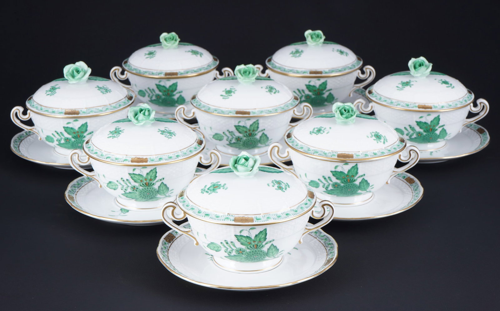 Herend Apponyi Vert 8 lidded soup bowls, (1 of 6)