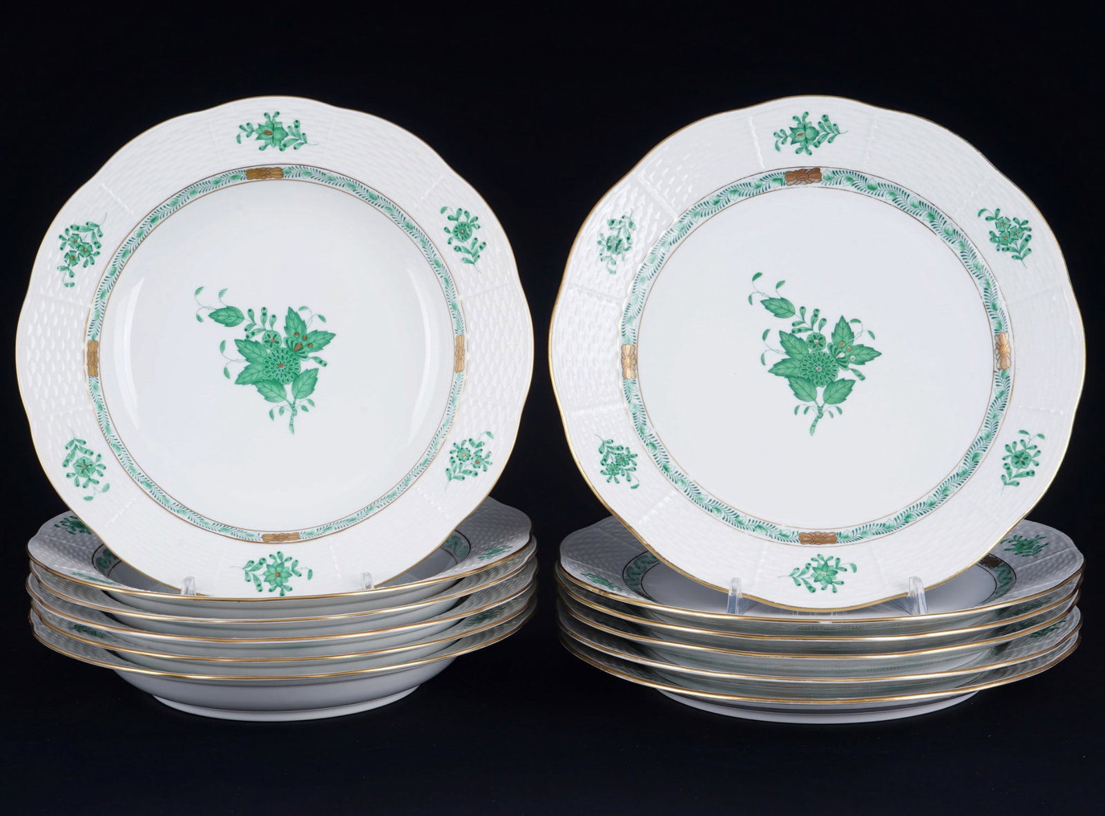 Herend Apponyi Vert 6 dinner plates and 6 soup plates, (1 of 6)