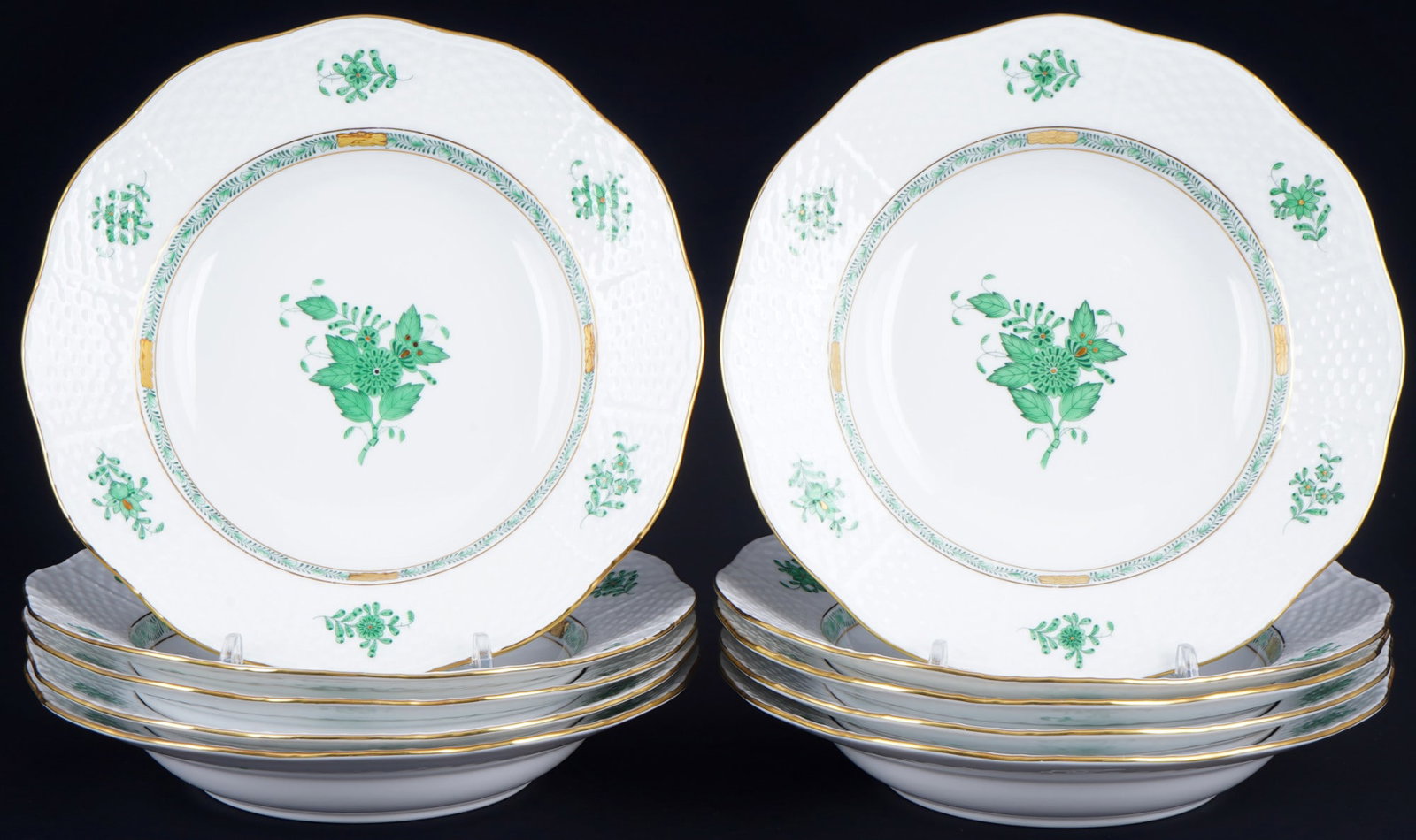 Herend Apponyi Vert 10 small soup plates,: porcelain, Hungary 20th century, blue company mark, decor AV Apponyi Vert, model no. 505, 10x D 21 cm