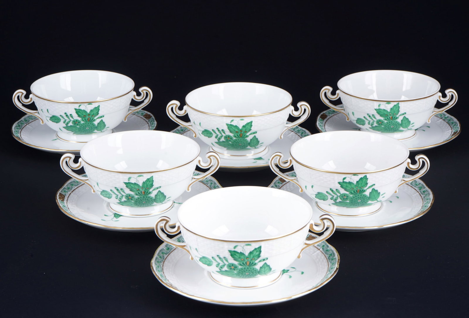 Herend Apponyi Vert 6 soup bowls,: porcelain, Hungary 20th century, blue company mark, decor AV Apponyi Vert, model no. 744, 6x H 5.5 cm x D 11 cm, 6x D 15.5 cm