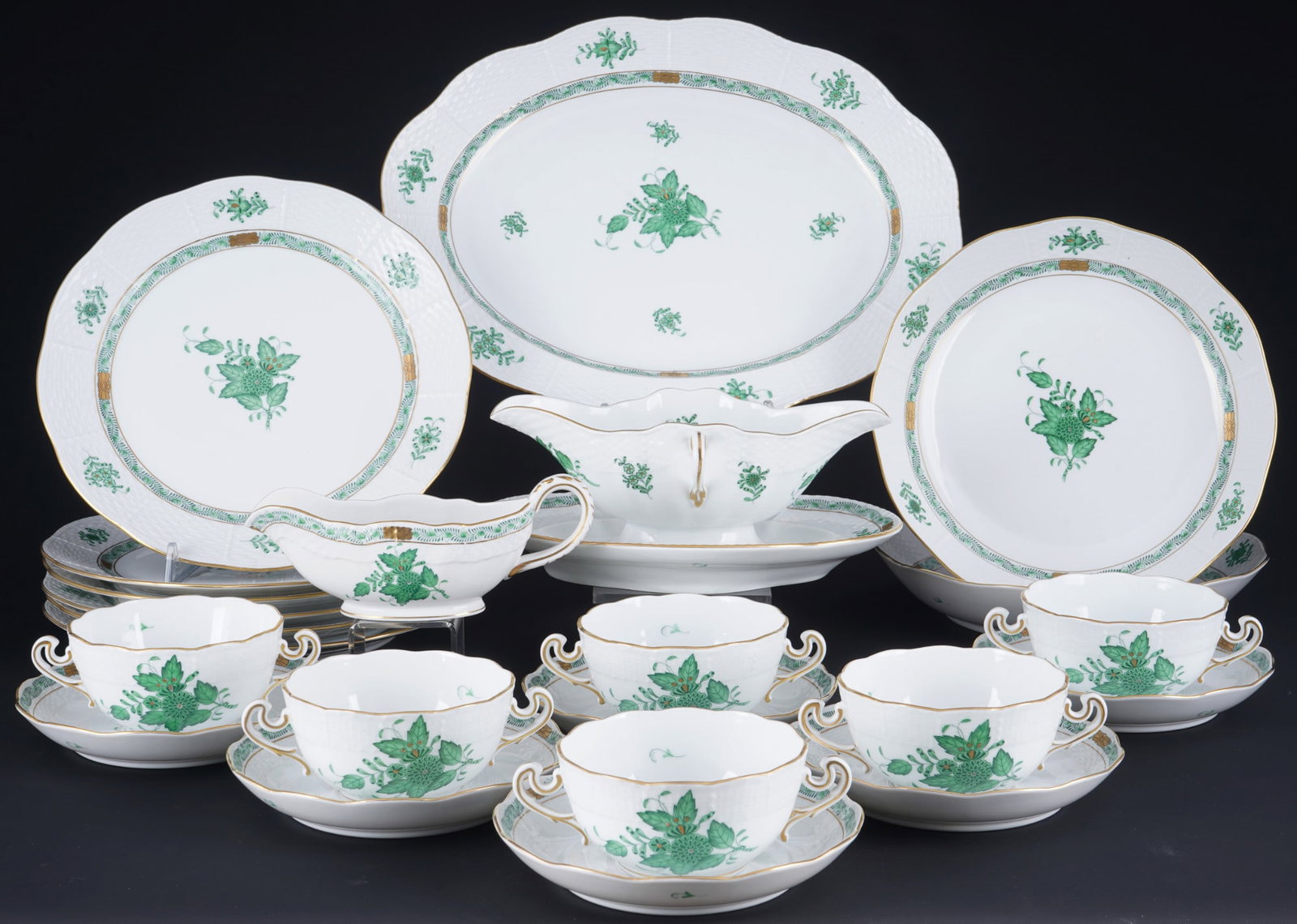 Herend Apponyi Vert dinner service for 6 persons,: 23-piece porcelain, Hungary 20th century, blue company mark, decor AV Apponyi Vert, 6x dinner plates #524 D 25.5 cm, 6x soup cups #744 H 10.5 cm x D 11 cm, 6x saucers #744 D 16.5 cm, 2x bowls #83 H 4.