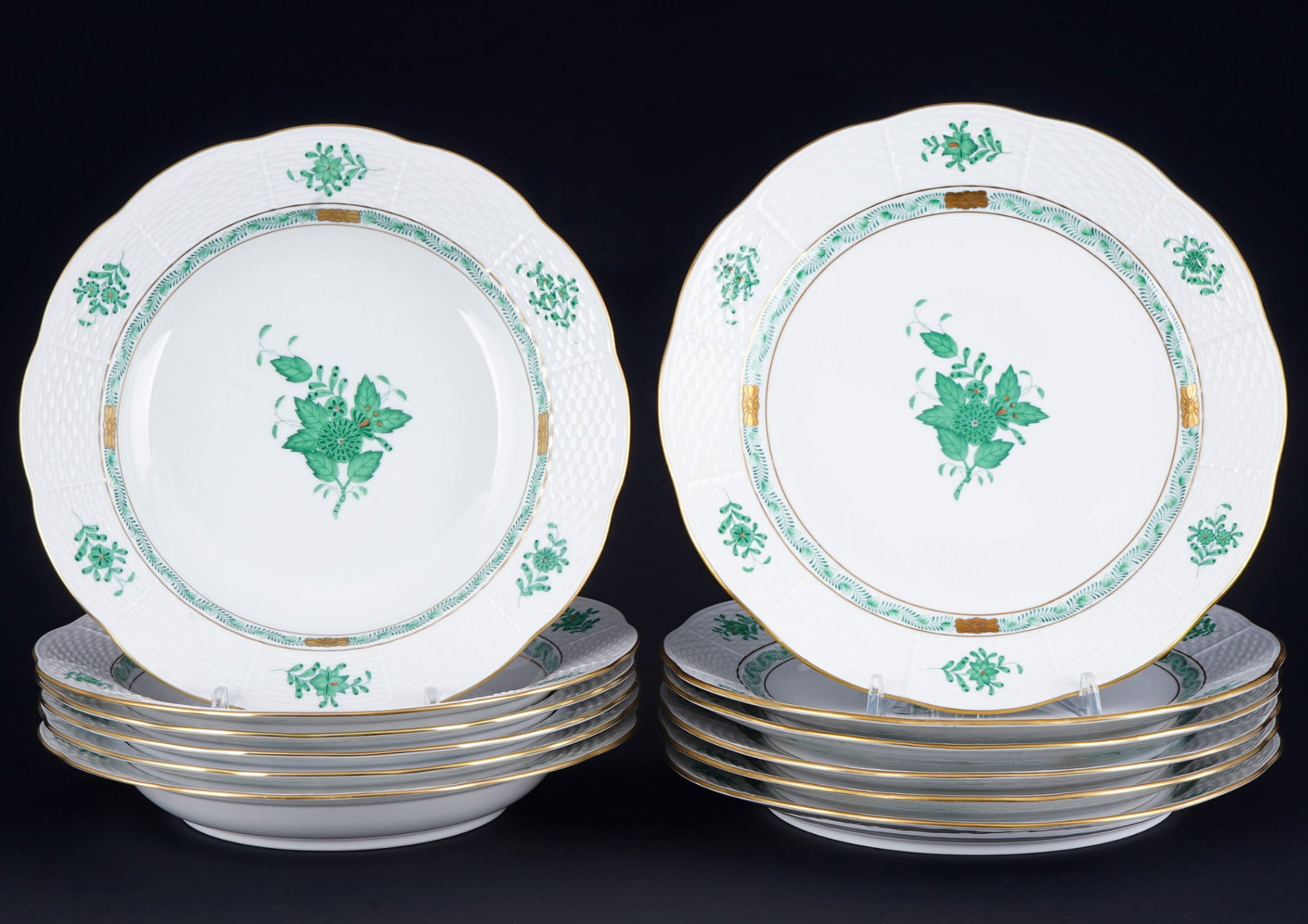 Herend Apponyi Vert 6 dinner plates and 6 soup plates,: porcelain, Hungary 20th century, blue company mark, decor AV Apponyi Vert, 6x dinner plates #524 D 25.5 cm, 6x soup plates #503 D 24.5 cm
