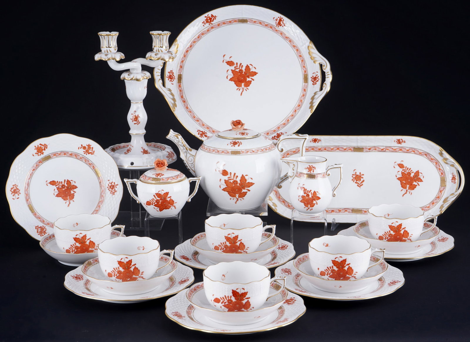 Herend Apponyi Orange tea service for 6 persons,: 24-piece porcelain, Hungary 20th century, blue company mark, decor AOG Apponyi Orange, 1x tea pot #602 H 14.5 cm x D 14 cm, 1x milk pots #635 H 9 cm, 1x sugar bowl #666 H 9 cm, 6x cups #724 H 5 cm x D