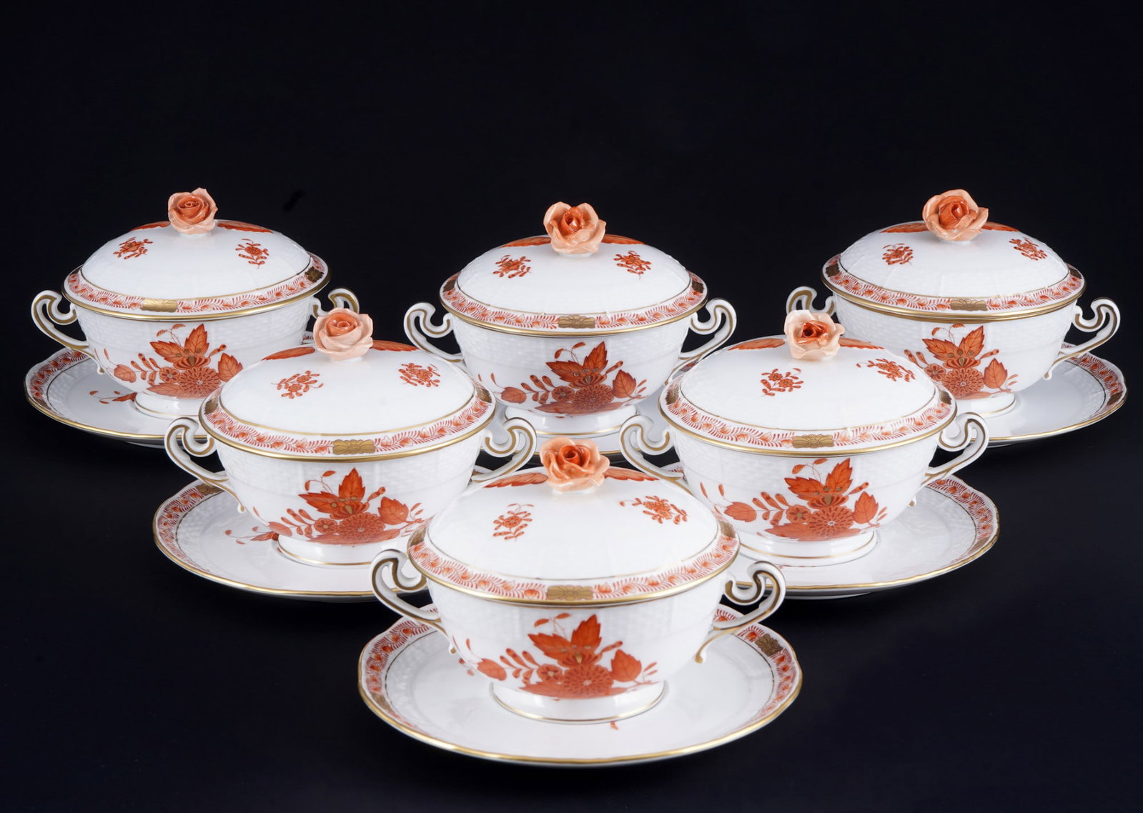 Herend Apponyi Orange 6 soup cups,: porcelain, Hungary 20th century, blue company mark, decor AOG Apponyi Orange, model no. 744, 6x soup cups H 9.5 cm x D 11 cm, 6x saucers D 16 cm, two roses chipped