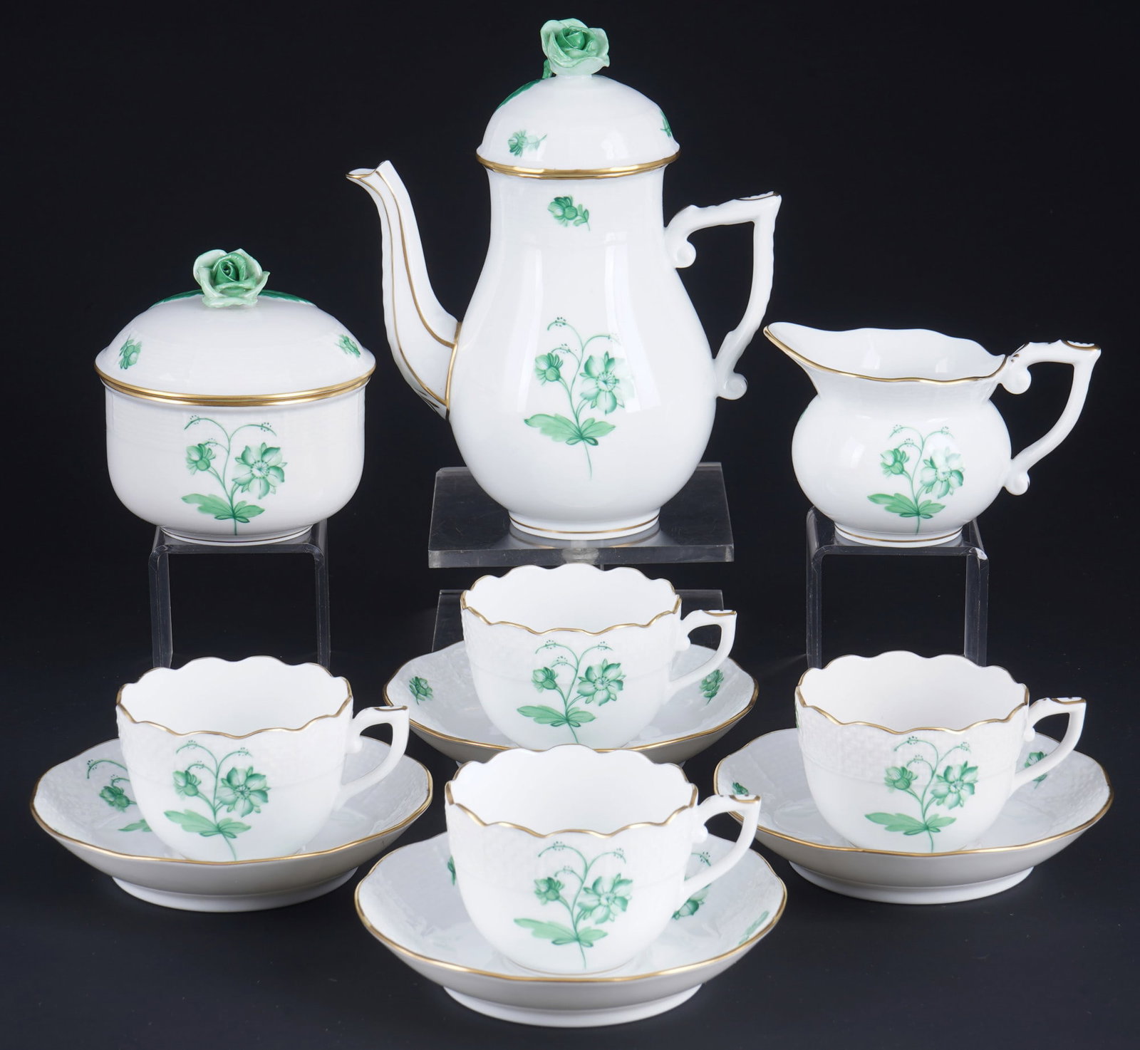 Herend Fleur Vert mocha service for 4 people,: 11-piece porcelain, Hungary 20th century, blue company mark - student mark, decor Fleur Vert (likely anemone or clematis), 1x mocha pot #613 H 16.5 cm x D 8.5 cm, 1x milk jug #644 H 7 cm, 1x sugar bow