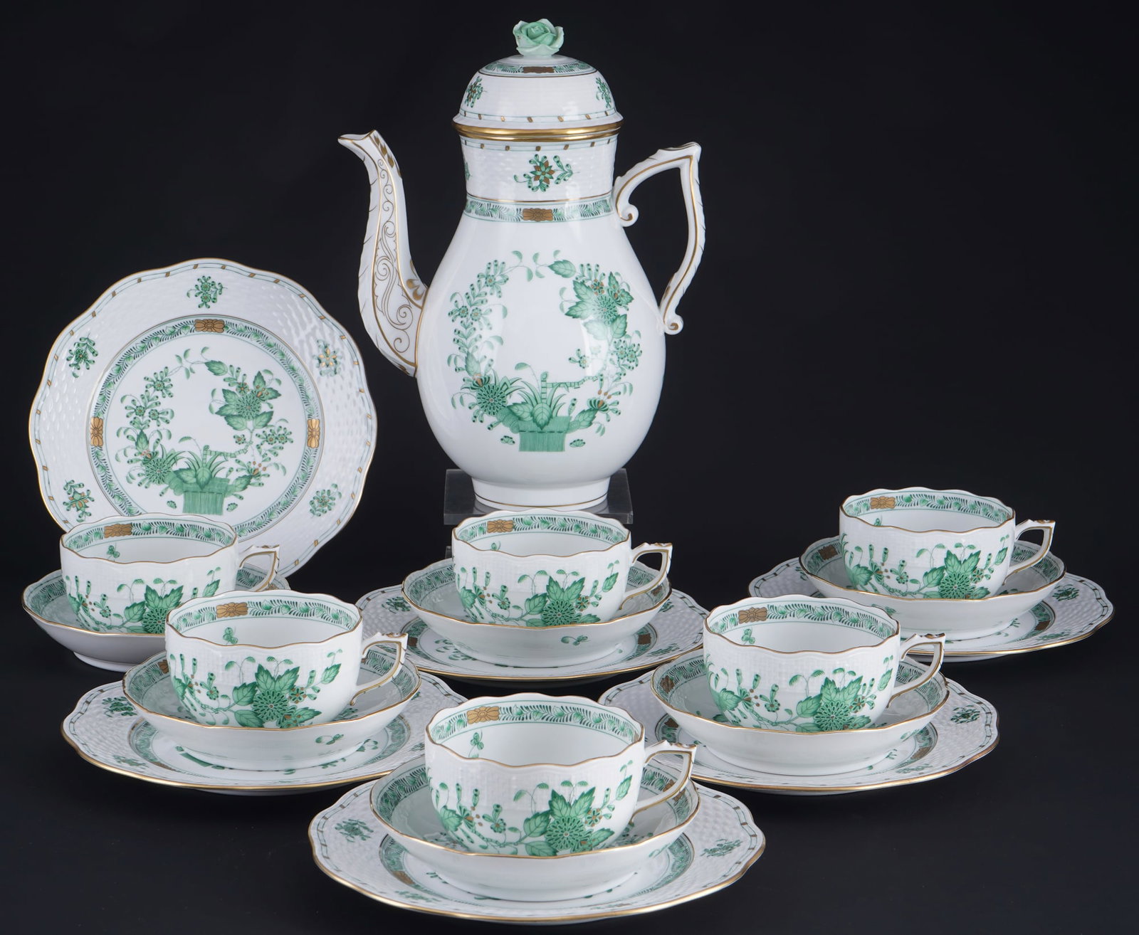 Herend Fleurs des Indes Vert 6 tea place settings with pot, (1 of 5)