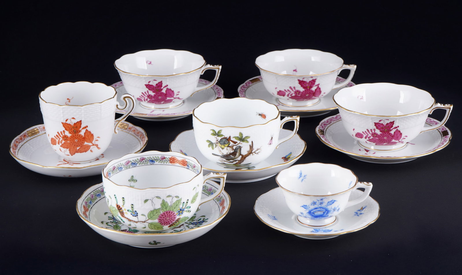 Herend Mix 5 tea cups with mocha and coffee cup - various designs, (1 of 7)