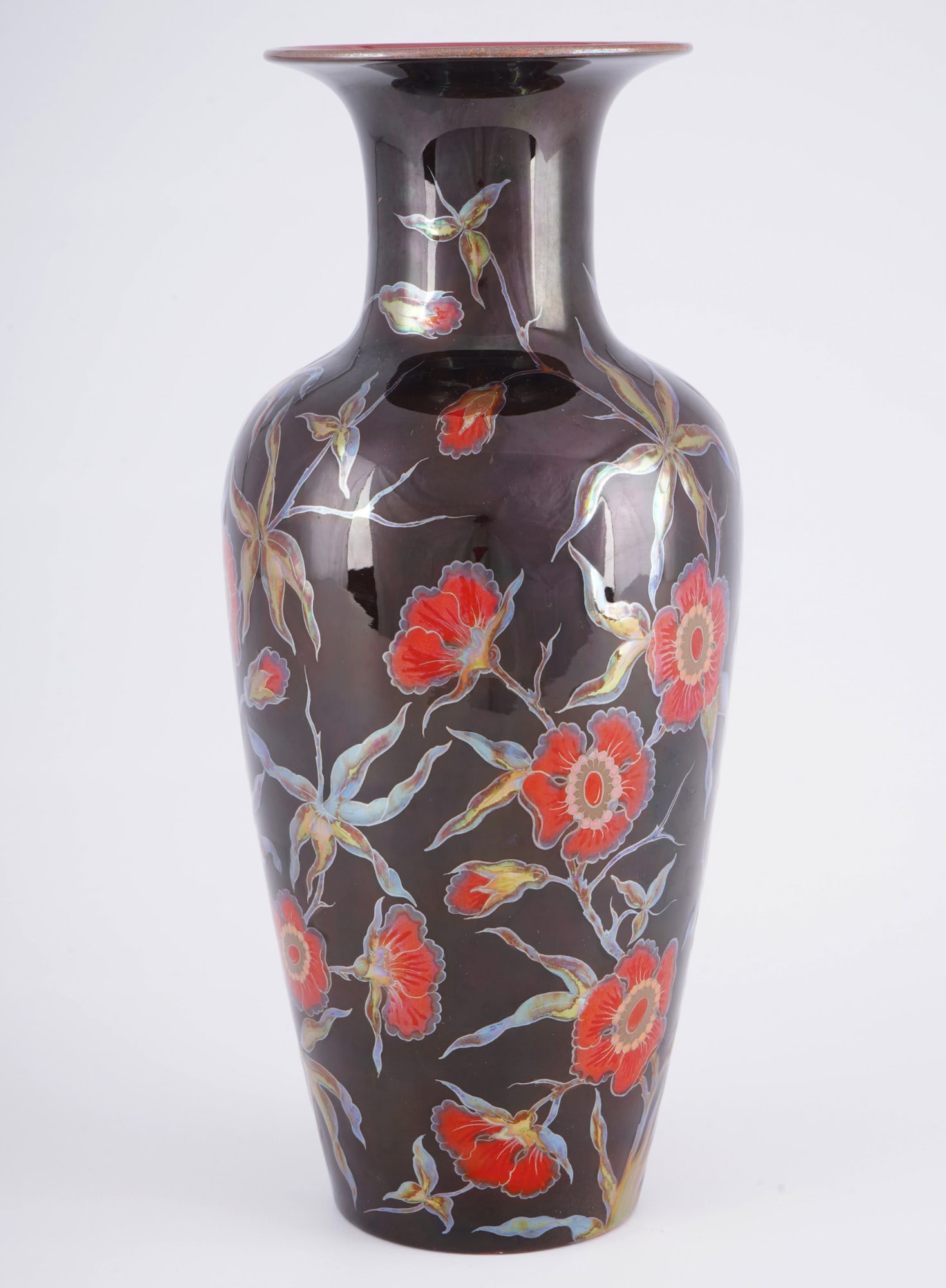 Zsolnay Pecs Poppy Flower vase - B. Zodka,: porcelain, Hungary 20th century, green Five Churches - company mark, painter's signature B-Zodka on the base, poppy decor on a black ground, model no. 206h, H 28 cm x D 12.5 cm