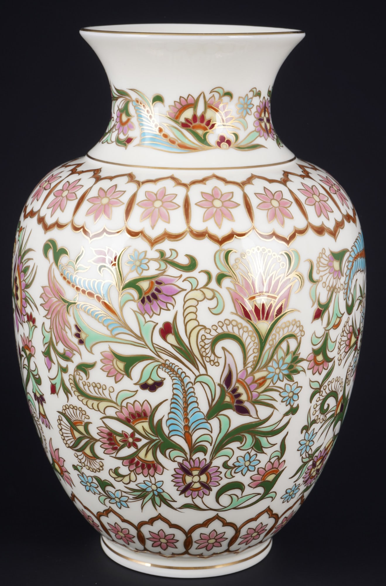 Zsolnay Pecs splendid vase Bereczne,: porcelain, Hungary 20th century, green Five Churches - company mark, on the bottom with painter's signature Bereczne, floral decor, model no. 001/927, H 28 cm x D 18.5 cm